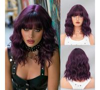 Parrucca corta a onde viola mora per donne, parrucca sintetica bob ondulata e riccia con frangia, capelli morbidi e resistenti al calore, adatta per festival musicali, feste, Ognissanti e cosplay, 12 