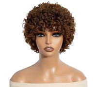 Parrucca corta afro con riccioli crespi per donne nere, capelli umani, onda profonda, pixie, senza colla aggiunge volume ai capelli (marrone)