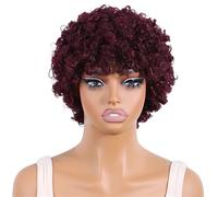 Parrucca corta afro con riccioli crespi per donne nere, capelli umani, onda profonda, pixie, senza colla aggiunge volume ai capelli (rosso vine)