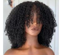 Parrucca corta afro riccia crespa con frangia, parrucca fatta a macchina con capelli umani, parrucca afro riccia brasiliana con frangia, densità 200, 8 pollici, densità 150, colore naturale