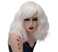 Parrucca corta bianca argentata con frangia e ombré for donne e ragazze, caschetto ondulato, lunghezza spalle, capelli sintetici, radici scure, for Halloween, cosplay, feste quotidiane(WHITE)