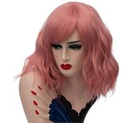 Parrucca corta bianca argentata con frangia e ombré for donne e ragazze, caschetto ondulato, lunghezza spalle, capelli sintetici, radici scure, for Halloween, cosplay, feste quotidiane(Pink)