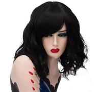 Parrucca corta bianca argentata con frangia e ombré for donne e ragazze, caschetto ondulato, lunghezza spalle, capelli sintetici, radici scure, for Halloween, cosplay, feste quotidiane(Jet-black)