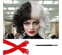 Parrucca Corta Bianca e Nera con Guanti e Supporto Rossi, ATAYOU Donne Corto Metà Nero Metà Bianco Carnevale Halloween costume parrucca