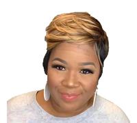 Parrucca corta bionda con taglio pixie per donne nere, parrucca sintetica ondulata Bob Ombre marrone misto nero con frangia laterale, capelli a strati dall'aspetto naturale, 6 pollici