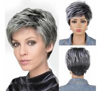 Parrucca corta bionda Pixie Cut per donna parrucca sfumata castana mista-grigio argento