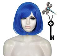 Parrucca Corta Blu per le Donne, ATAYOU Rettilineo Blu Bob Parrucca con Farfalla Fermaglio e Bottone Nero Chiave Collana per Costume Halloween Cosplay (Blau 608)