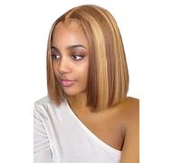 Parrucca corta castana da 12 pollici, mix biondo a strati, parrucca sintetica bob di media lunghezza con frangia, for uso quotidiano da donna Soffice e Naturale