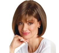 Parrucca corta castana mista con riflessi biondi, classica, for donna, con capelli lisci a strati e riga laterale, radice scura, sintetica naturale