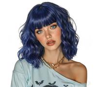 Parrucca corta colorata con frangia for donna, parrucche sintetiche resistenti al calore con lunghezza delle spalle ondulate for l'uso quotidiano Soffice e Naturale(Dark Blue)