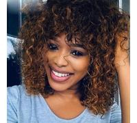 Parrucca corta colorata Pixie Afro Kinky Curly Bob con capelli umani con frangia per donne Capelli brasiliani Ombre Brown Full Machine-14 pollici-Marrone con meches
