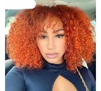 Parrucca corta colorata Pixie Afro Kinky Curly Bob con capelli umani con frangia per donne Capelli brasiliani Ombre Brown Full Machine-12 POLLICI-Arancio