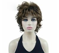 Parrucca corta con morbidi riccioli arruffati, meches bionde, parrucche completamente sintetiche-10 castano dorato medio