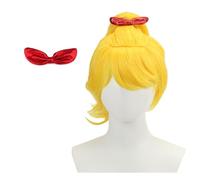 Parrucca corta da donna gialla con coda di cavallo Halloween Carnevale Cosplay Anime capelli con fiocco rosso