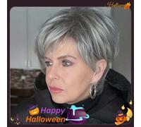Parrucca corta dritta con frangia, in capelli umani realizzata a macchina, di un bellissimo colore grigio argento, con taglio pixie a strati, facile da indossare e versatile per acconciature e rifilat