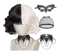 Parrucca Corta e Riccia Bianca e Nera, Mezzo Bianco Mezzo Nero Donna Corto Parrucche, Halloween Parrucca Corta Bianca e Nera, Parrucche Cosplay, per Feste, Cosplay, Halloween