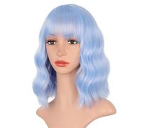 Parrucca corta e riccia da donna con frangia piena, parrucca ondulata rosa-rosso-marrone da 12 pollici, parrucca da vestire for il ruolo da donna, festa, ballo di fine anno(Color:Blue)