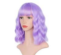 Parrucca corta e riccia da donna con frangia piena, parrucca ondulata rosa-rosso-marrone da 12 pollici, parrucca da vestire for il ruolo da donna, festa, ballo di fine anno(Color:Purple)