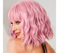 Parrucca corta e riccia da donna con frangia piena, parrucca ondulata rosa-rosso-marrone da 12 pollici, parrucca da vestire for il ruolo da donna, festa, ballo di fine anno(Color:Pink)