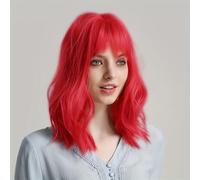 Parrucca corta e riccia da donna con frangia piena, parrucca ondulata rosa-rosso-marrone da 12 pollici, parrucca da vestire for il ruolo da donna, festa, ballo di fine anno(Color:Red)