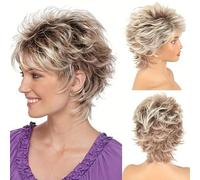 Parrucca corta ed elegante da elfo dorato con frangia, capelli sintetici ondulati color marrone sfumato, fibra resistente alle alte temperature, cuffia in rete rosa, stile a onde naturali, adatta a uo