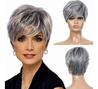 Parrucca corta europea e americana da donna con capelli sintetici, colore misto giornaliero, grigio argento, copricapo in fibra chimica, grigio argento