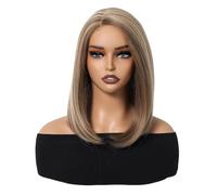 Parrucca corta for donna, capelli sintetici lisci in pizzo piccolo con parte laterale, parrucche marroni con evidenziazione della lunghezza delle spalle Soffice e Naturale