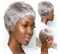 Parrucca Corta Grigia for Donne con Frangetta Parrucche Corte Grigie a Strati Capelli Corti Soffici, Parrucche for Donne di Mezza Età e Anziane, Capelli Sintetici Naturali for l'Uso Quotidiano