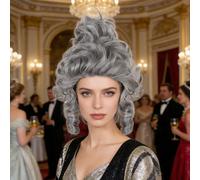 Parrucca corta grigia riccioluta a forma di alveare con frangia lunga, parrucca da costume da donna per festa e cosplay di dame coloniali del XVIII secolo, parrucca riccia e ondulata con acconciatura