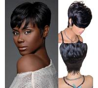 Parrucca corta in capelli umani neri, realizzata completamente a macchina, parrucca da 6 pollici con taglio corto in capelli umani, Bob senza colla frangia, adatta for le feste quotidiane Indossare