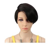 Parrucca corta in pizzo con parte a C e taglio pixie for donne nere, capelli brasiliani Remy, senza colla Topper per Capelli da Donna(Black)