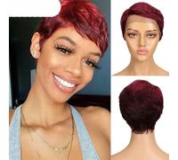 Parrucca corta in pizzo con parte a T per donna, naturale, pre-pizzicata, senza colla, ombre brasiliano 613, 8 pollici, rosso bordeaux