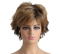 Parrucca corta ondulata 9.8 Parrucche dal taglio marrone Parrucca di capelli sintetici realistici con frangia Dall'aspetto naturale a strati Soffici ricci arruffati Evidenzia per le donne Uso quotidi