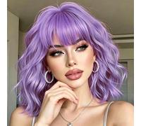 Parrucca corta ondulata a caschetto con frangia, da donna, colore viola chiaro, parrucca da donna, capelli ricci lunghi fino alle spalle, affascinante parrucca sintetica da donna in fibra sintetica