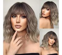 Parrucca corta ondulata biondo cenere sfumata con frangia per donna, parrucche ricce bionde grigie corte 30,5 cm, lunghezza delle spalle capelli sintetici per cosplay di feste quotidiane
