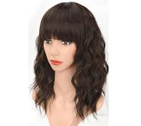 Parrucca corta ondulata castana naturale con frangia, lunghezza spalle da donna, capelli sintetici ricci e resistenti al calore, for l'uso quotidiano alle feste Soffice e Naturale
