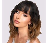 Parrucca corta ondulata con frangia per donna, lunghezza spalle, caschetto riccio, parrucche sintetiche affascinanti da donna con ondulazione naturale 12in