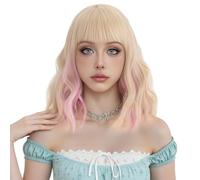 Parrucca Corta Ondulata Da 14 Pollici Per Donna, Parrucca Ondulata Bob Con Frangia Ombre Bianco Rosa, Capelli in Fibra Resistente Al Calore Per Uso Lavorativo Quotidiano