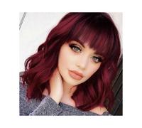 Parrucca corta ondulata naturale da donnaParrucca sinteticaParrucca bordeaux sfumata con frangiaParrucca