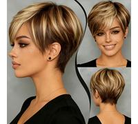 Parrucca corta pixie in capelli umani per donna, colore marrone con biondo, parrucca corta in capelli umani 4/27, 1B30, 1B/4/27 con frangia e strati, parrucca pixie in veri capelli umani senza merlett