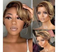 Parrucca corta riccia da folletto, parrucca corta da folletto riccia da 6 pollici capelli umani, parrucca corta in pizzo 13x4x1, for uso quotidiano di cosplay di donne nere.(Gradient gold)