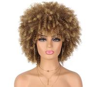 Parrucca corta riccia for donne nere con frangia, parrucche afro soffici sintetiche senza colla resistenti al calore for l'uso quotidiano(30T27)