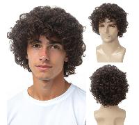 Parrucca corta riccioluta Bobo da uomo, parrucca sintetica di colore marrone, parrucca riccioluta afro soffice per uomini, adolescenti, uso quotidiano, feste, cosplay, Ognissanti, marca REEWES Poliest