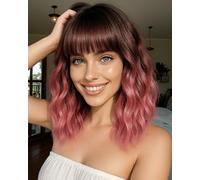 Parrucca corta rosa sfumata con frangia, 35,5 cm, ondulata e riccia, parrucca di ricambio per capelli lunghi fino alle spalle, dall'aspetto naturale, per feste quotidiane, cosplay, Halloween