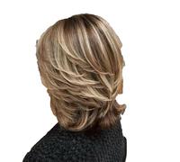 Parrucca corta sfumata con mèches castano biondo misto a strati, frangia, caschetto per donna, sintetica, corta, bionda, taglio corto, 18 pollici