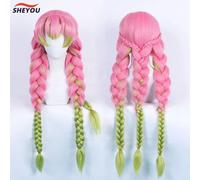 Parrucca cosplay Anime Mitsuri Kanroji lunga treccia rosa verde capelli resistenti al calore parrucche cosplay autentiche + cappuccio per parrucca