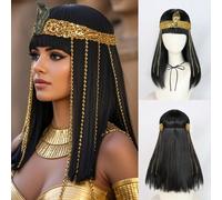 Parrucca cosplay da donna stile egizio nera di media lunghezza liscia con accessori a forma di testa di serpente per costume da festa, parrucca da regina, capelli da personaggio di film vintage, tema
