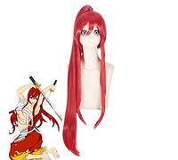 Parrucca Cosplay Erza Scarlet Anime Fairy Tail Lunghi capelli sintetici rosso intenso per parrucche in costume di Halloween + 1 coda di cavallo + cappuccio parrucca