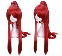 Parrucca Cosplay Fairy Tail Erza Scarlet 80 cm Lungo Parrucca Cosplay Rosso intenso Parrucca Costume Anime Donna Parrucca capelli sintetici + 1 coda di cavallo + Cappellino parrucca