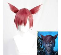 Parrucca Cosplay Final Fantasy 14 the Crystal Exarch Breve sfumatura rossa Parrucca per capelli Parrucca per Halloween Party + Parrucca e orecchie per parrucca gratis